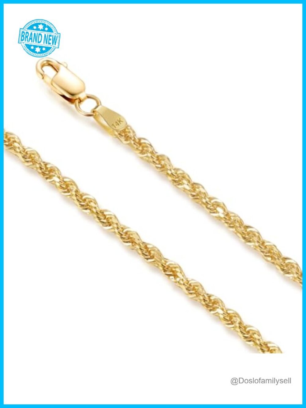 14K Yellow Gold Rope Chain Necklace 18 Inch Diamond Cut Lobster Clasp